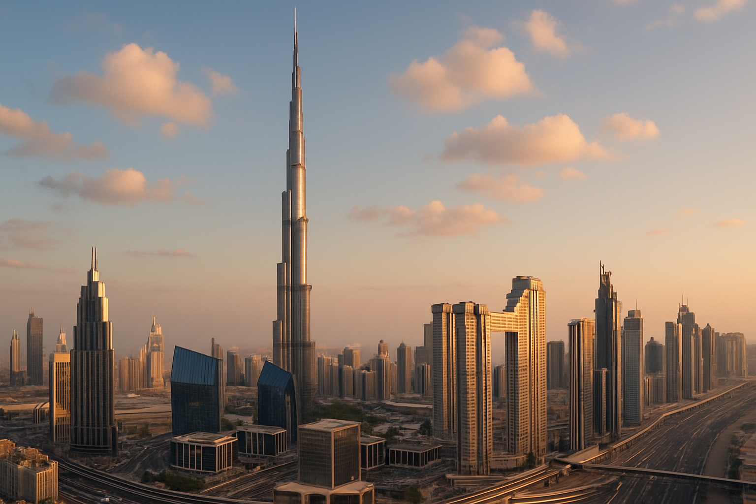 Iconic Dubai skyline with Burj Khalifa towering