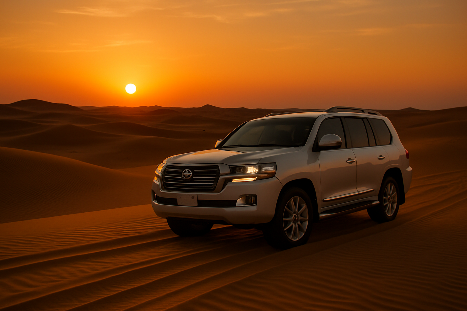 Luxury desert safari with 4x4 vehicle and sunset