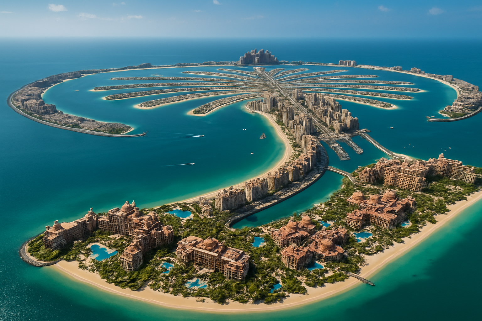 Scenic aerial view of Palm Jumeirah and luxury resorts